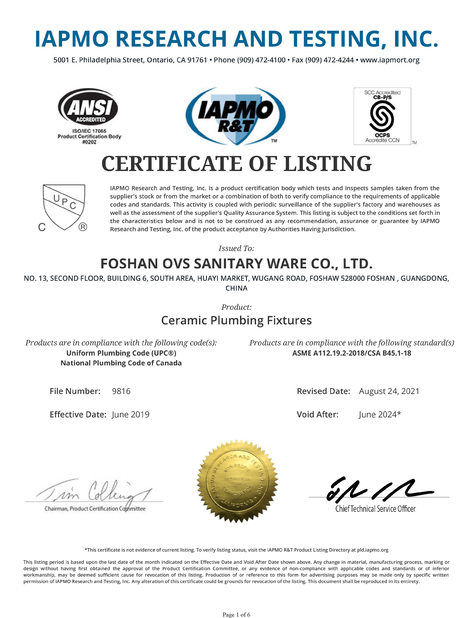 China Foshan OVC Sanitary Ware Co., Ltd Certificaten